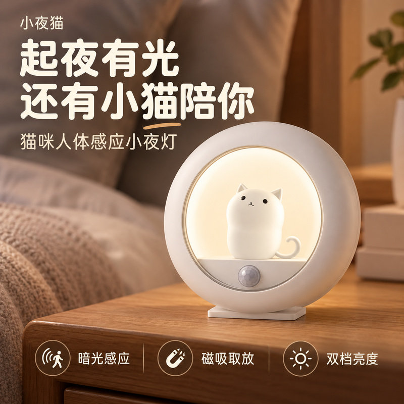 床边猫咪感应充电磁吸小夜灯