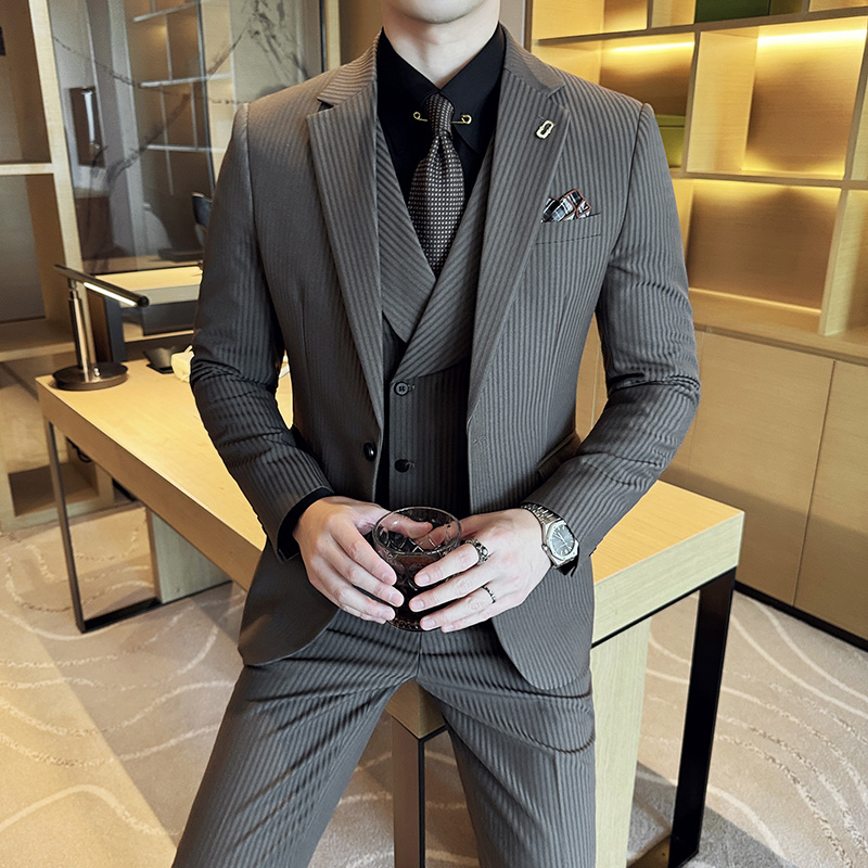 高定质感灰色条纹西服男套装秋冬英伦风商务通勤西装新郎结婚礼服