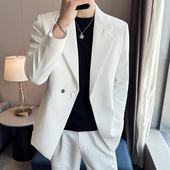 夏季 宽松白色冰丝西服男空调外套休闲痞帅隐藏暗扣设计西服套装 潮