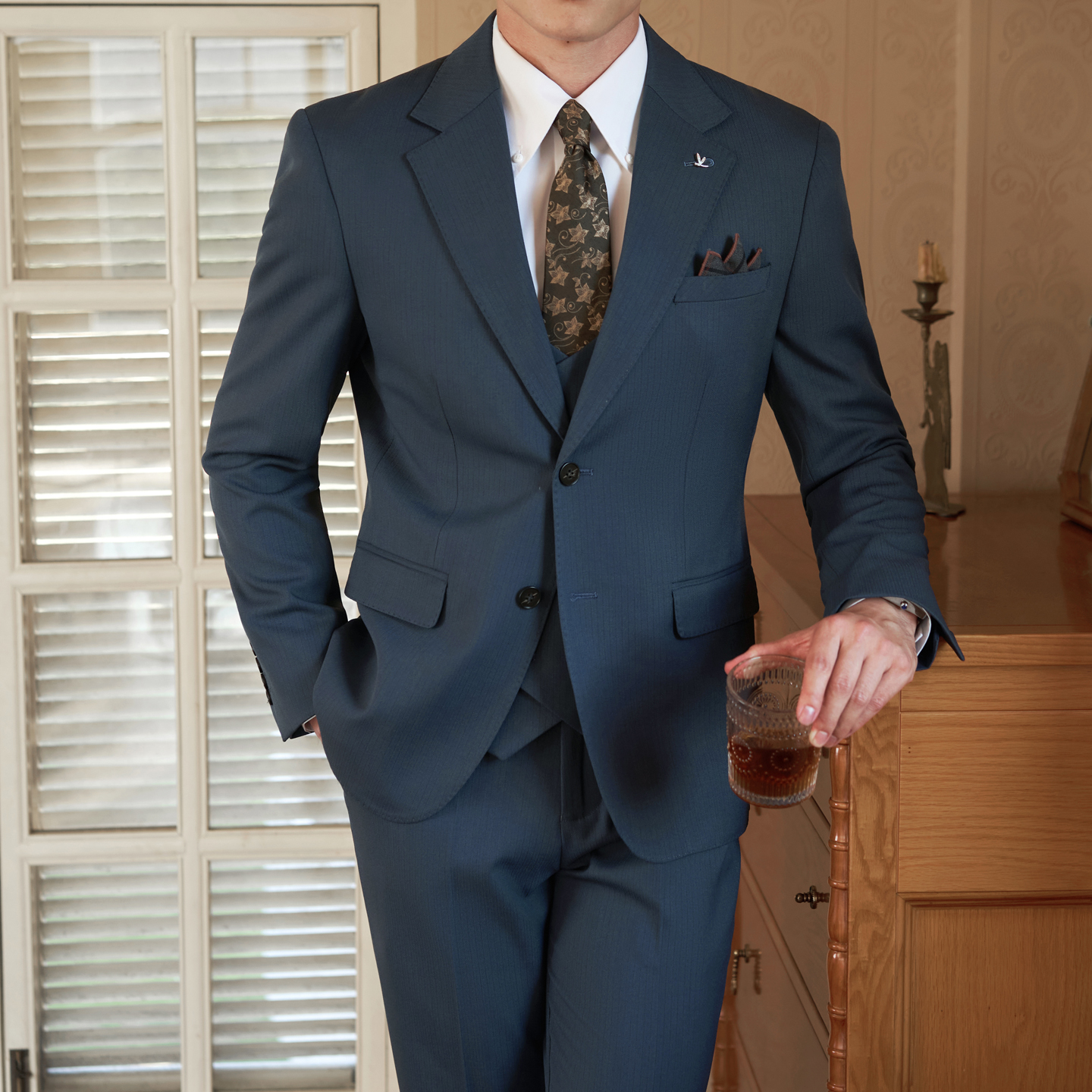 条纹西服男套装痞帅新郎结婚礼服