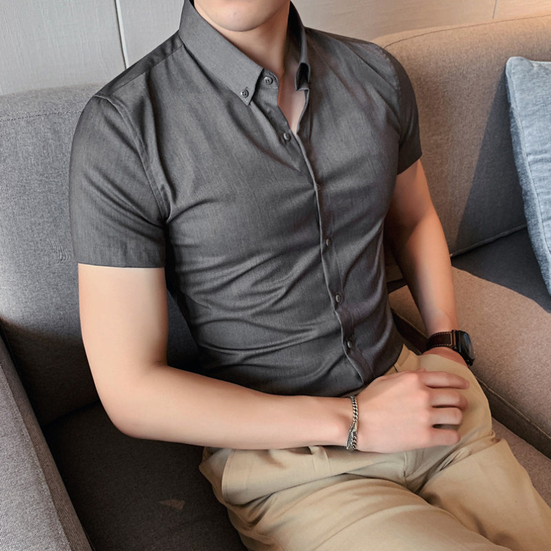 高级感灰色衬衫男短袖春夏2024新款商务痞帅垂滑修身西服打底寸衣