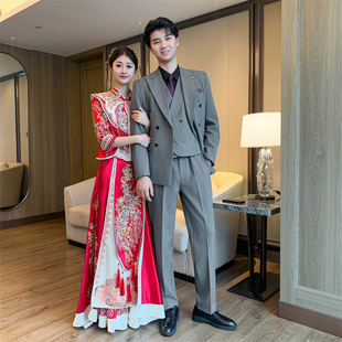 条纹双排扣西装男夏季薄款戗驳领活袖衩套装新郎结婚订婚宴会礼服