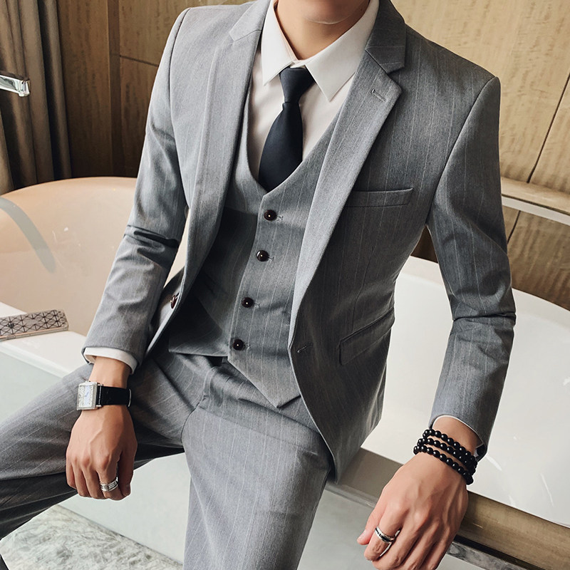 条纹小西装男三件套修身韩版帅气一套西服青年正装新郎结婚礼服潮