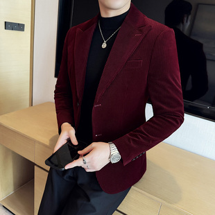 痞帅宴会礼服 外套2025酒红色修身 简约老钱风灯芯绒西服男秋季 新款