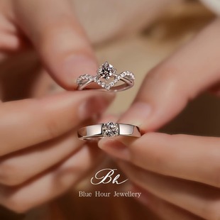 正品莫桑石钻戒女男情侣对戒纯银一对轻奢仿真钻求结婚戒指送礼物