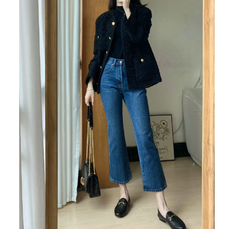 2025年春夏秋新款深蓝色微喇牛仔裤女小个子九分裤覆古高腰喇叭裤