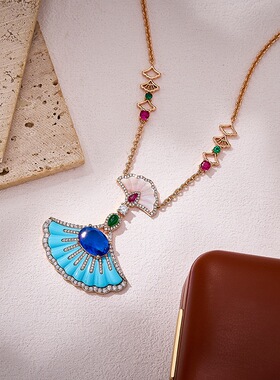 外贸跨境直播货源优化松石扇子项链镀金欧美风质感女士扇形锁骨链