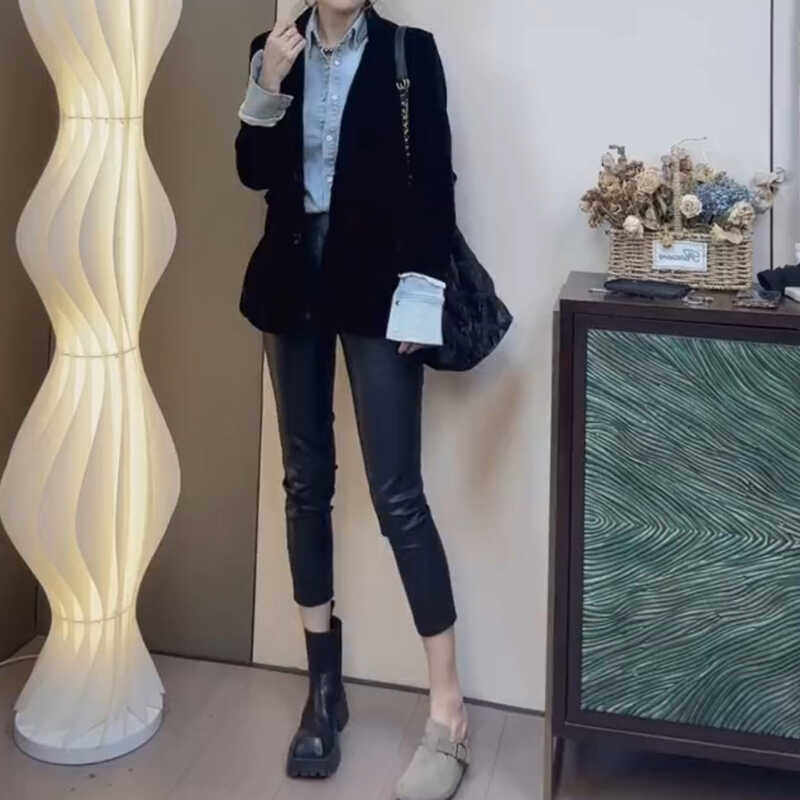 2024秋季新款皮裤女pu皮九分小脚修身显瘦松紧腰外穿铅笔裤小脚裤