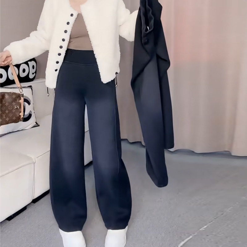 2026春季时尚休闲卫裤欧货松紧刺绣高腰显瘦宽松净版简约阔腿长裤