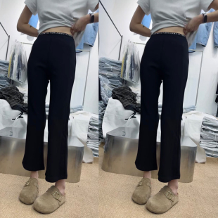 烟管裤 春夏新款 职业小黑裤 女字母腰九分弹力高腰显瘦休闲裤 喇叭裤