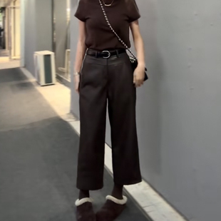 欧货时尚2025秋冬休闲涂层PU皮裤高腰净版显瘦气质加绒九分阔腿裤