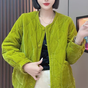新中式 国风圆领丝绒上衣压格宽松显瘦棉服女2025秋冬复古女外套