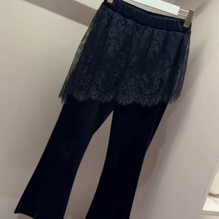 高级感欧货2025秋冬松紧高腰蕾丝拼接假两件丝绒弹力九分微喇裤