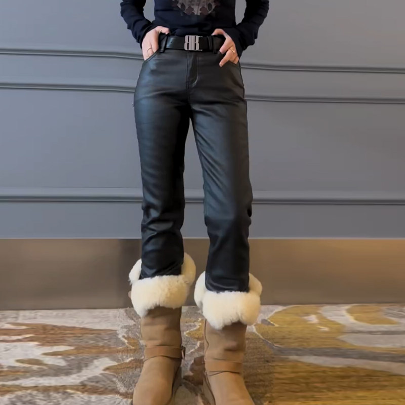 欧货纯色涂层PU皮裤2025秋冬简约弹力百搭高腰净版简约直筒裤子