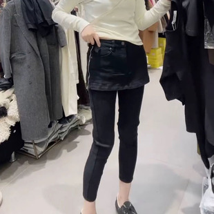 简约高腰假两件小脚牛仔裤裙女2024秋冬时尚个性拉链修身铅笔裤