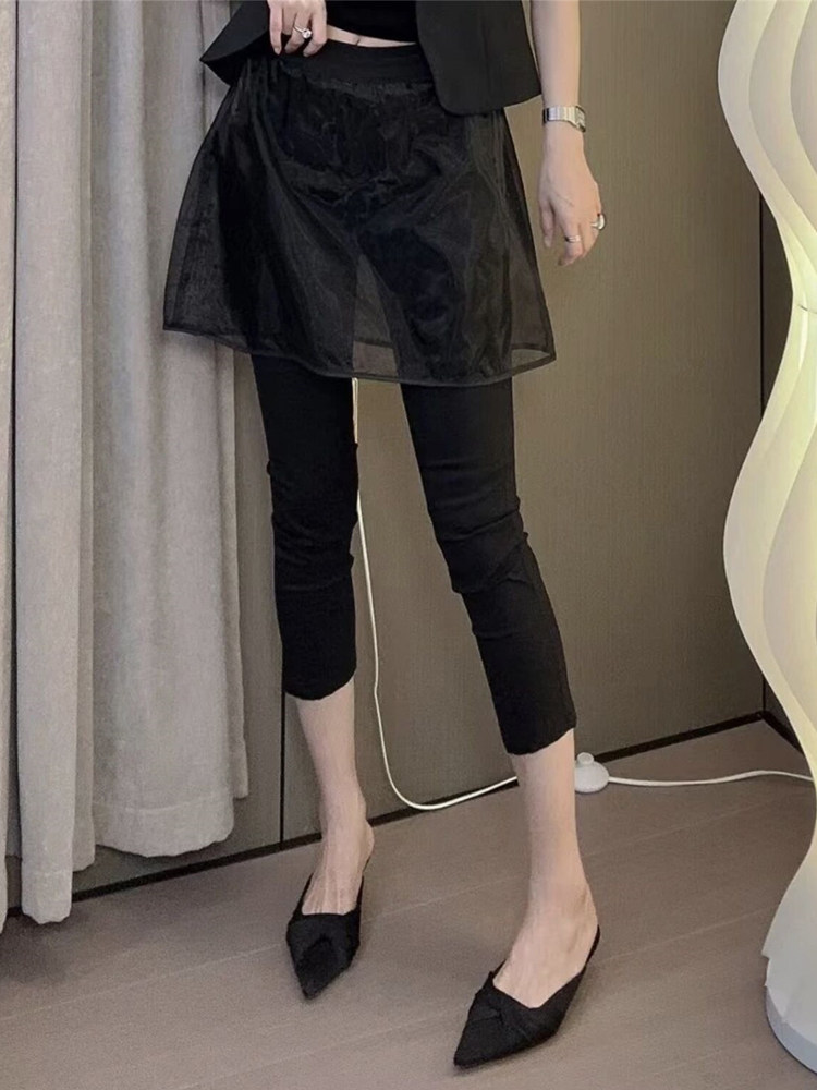 松紧腰小脚韩版七分拼纱显瘦图片