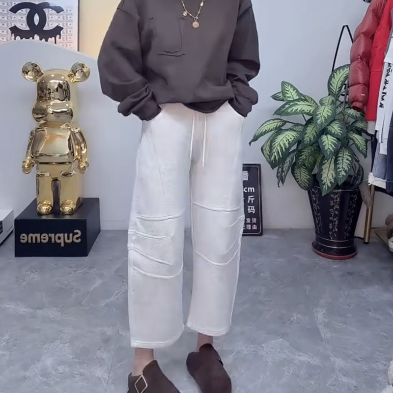 欧货时尚松紧高腰弯刀裤2025秋冬加厚加绒宽松净版简约九分阔腿裤