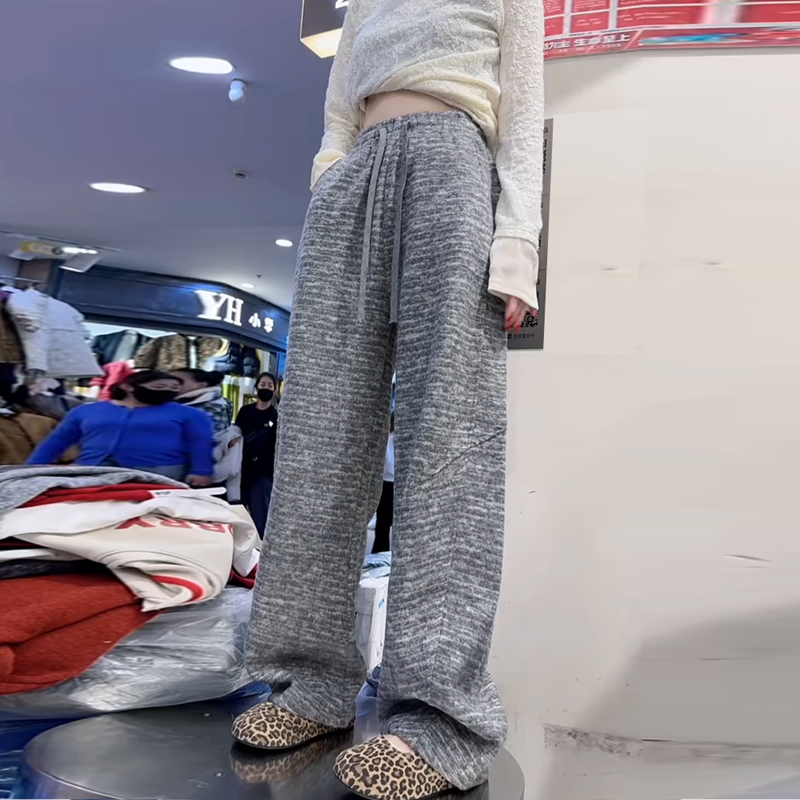 横条纹垂感高腰加绒阔腿长裤