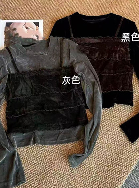 欧货爆版秋冬新款上衣假两件金丝绒长袖时尚减龄百搭休闲打底衫