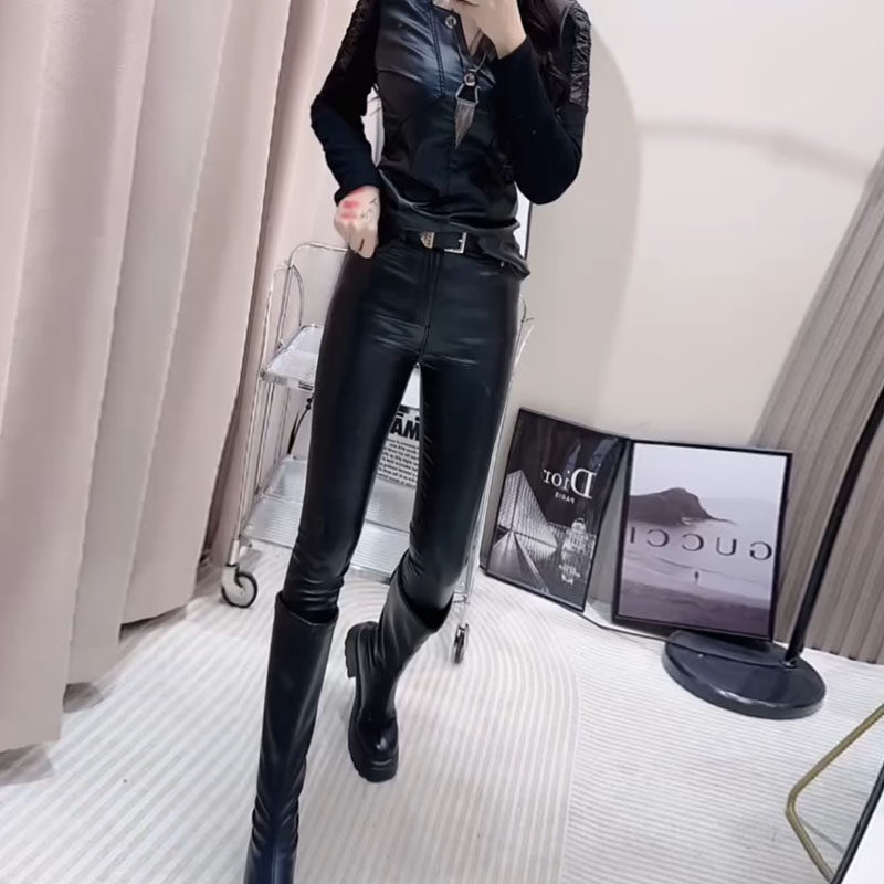 欧洲站秋冬季纯色百搭小脚裤加绒涂层pu皮修身弹力显瘦气质铅笔裤