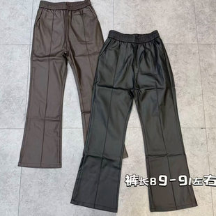 秋季新款加绒喇叭裤女涂层皮裤女哑光九分时尚百搭弹力高腰休闲裤