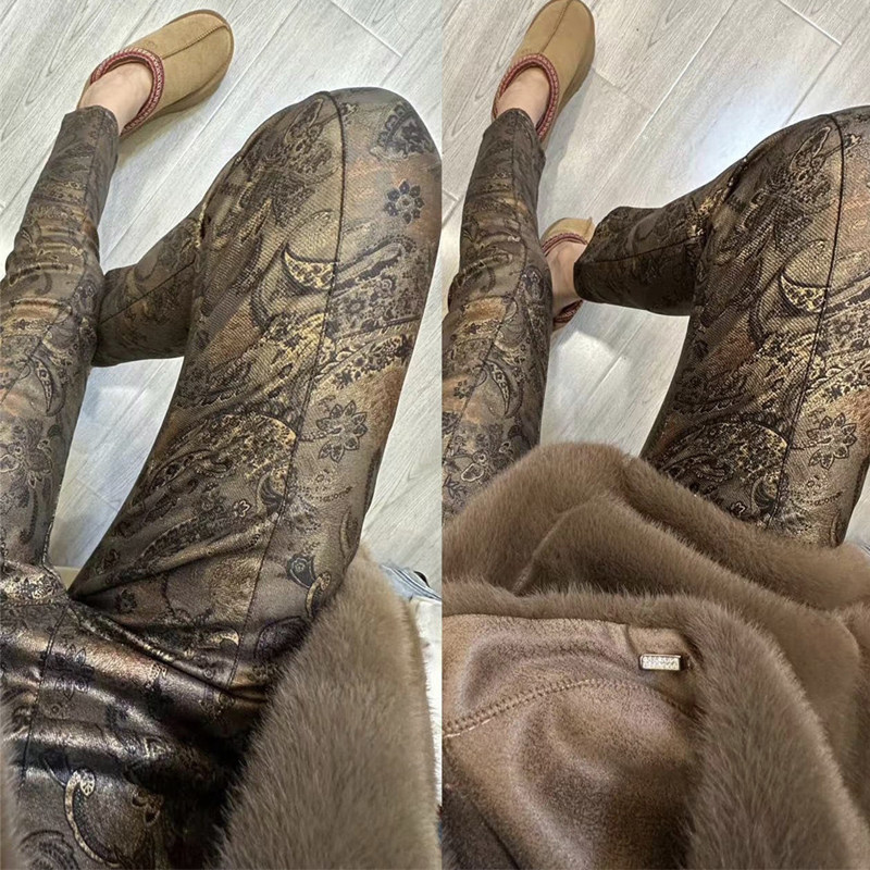 网红晕染2023打底裤秋冬新款时尚九分弹力显瘦裤子加绒涂层裤子女