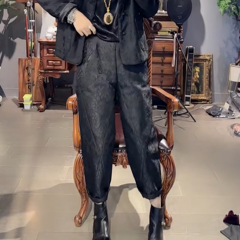 冬季新款提花裤子女阔腿裤九分夹棉龟壳裤中国风复古烟管裤女潮,女装/女士精品,休闲裤,淘宝优惠券,粉丝福利购,淘宝优惠卷