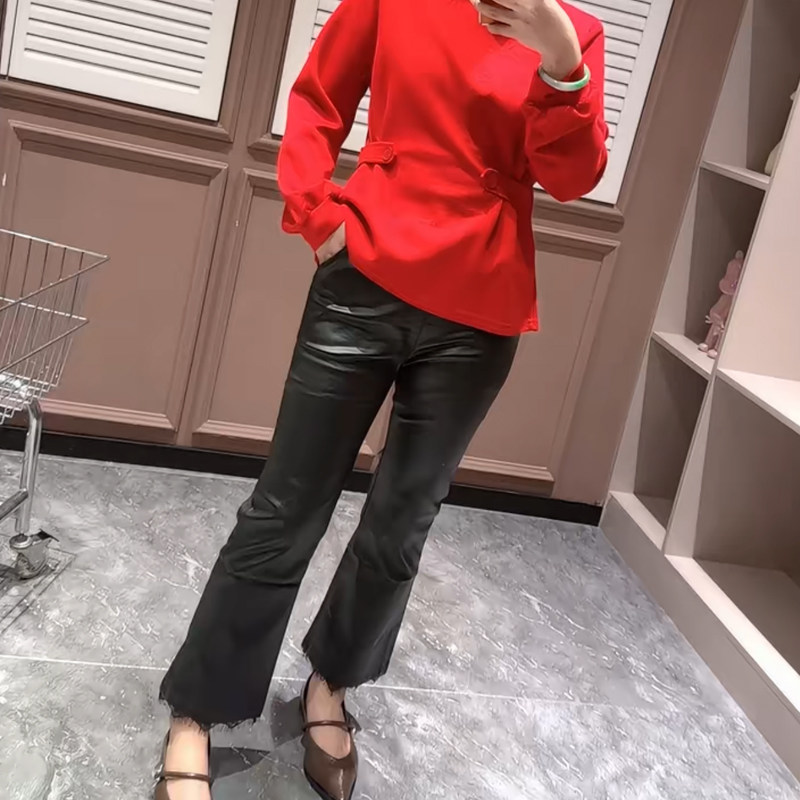 欧洲站休闲百搭涂层PU皮裤加绒高腰净版弹力气质简约时尚微喇叭裤