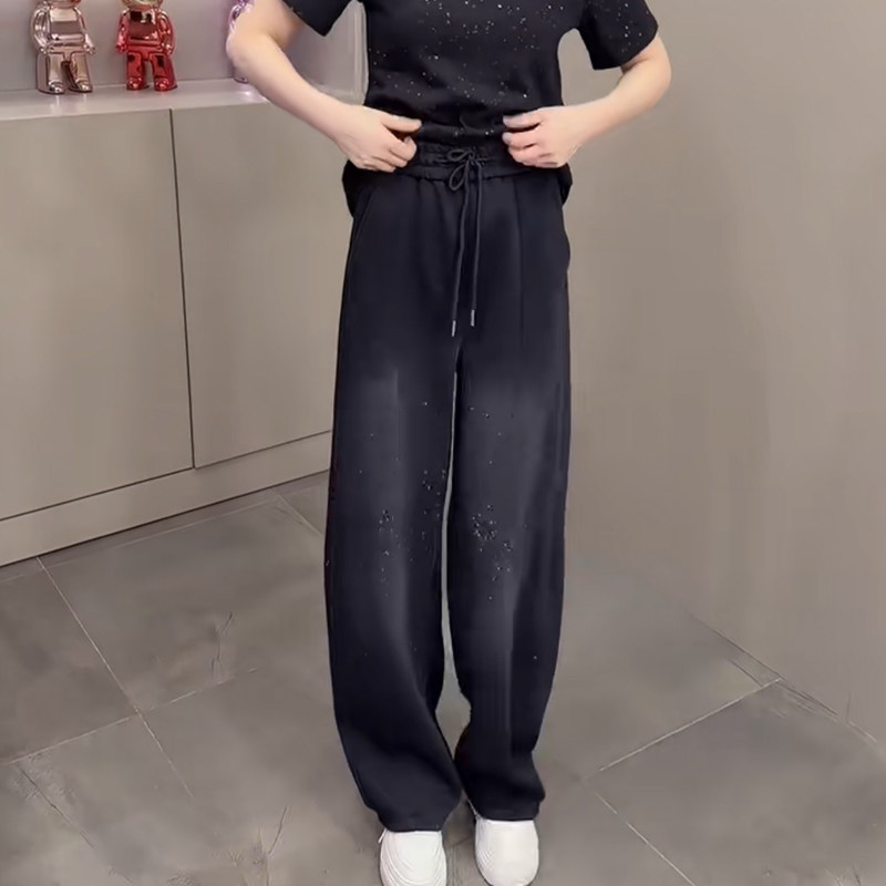 秋冬爆款加厚卫裤女2025松紧高腰抽绳满天星烫钻显瘦宽松阔腿长裤