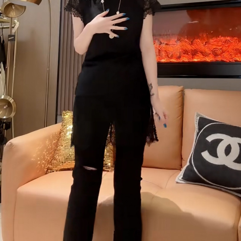 韩版休闲春夏季2026年高腰围裙裤假两件蕾丝拼接破洞九分直筒裤