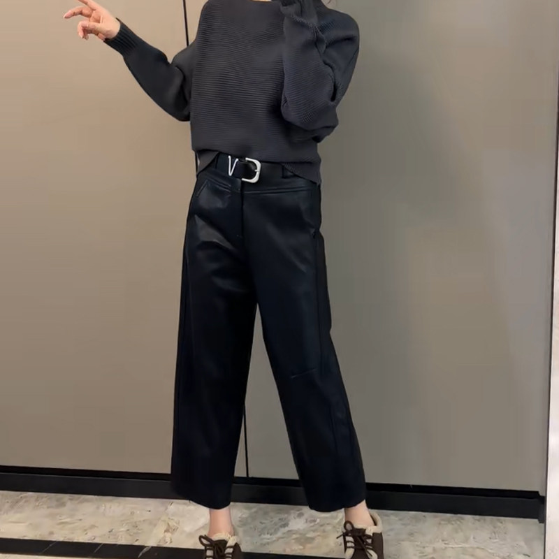 欧洲站2025秋冬时尚加绒涂层pu皮裤净版简约九分显瘦纯色直筒裤,女装/女士精品,休闲裤,淘宝优惠券,粉丝福利购,淘宝优惠卷