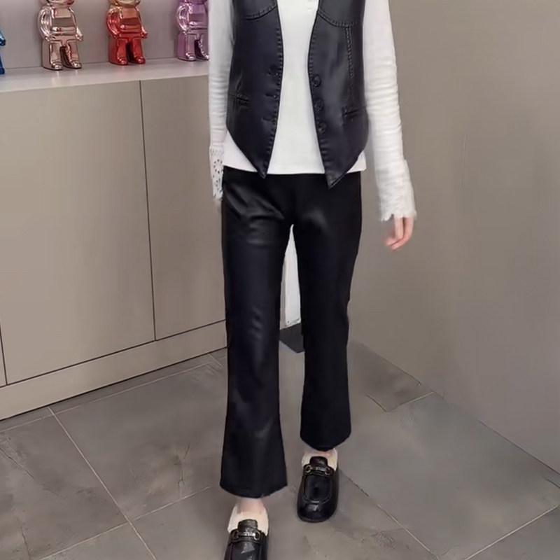 纯色弹力涂层PU皮裤2026春季休闲净版松紧高腰百搭显瘦九分微喇裤