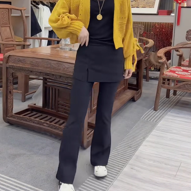 时尚百搭松紧高腰假两件围裙裤休闲弹力净版简约显瘦秋冬微喇长裤