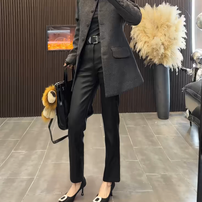 加绒拼接PU净版高腰九分直筒裤