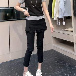 春夏2025欧货黑色蕾丝拼接假两件裙裤 弹力高腰休闲百搭九分直筒裤