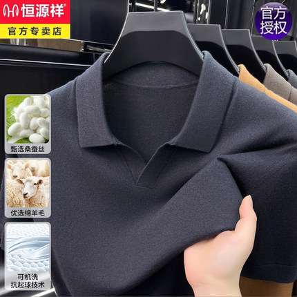 恒源祥桑蚕丝羊毛短袖T恤男士2026春夏季新款纯色V领针织POLO衫男