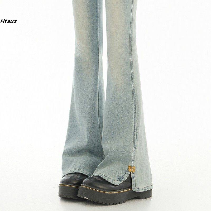 浅色开叉微喇牛仔裤女2026新款高腰修身显瘦弹力大码马蹄喇叭裤