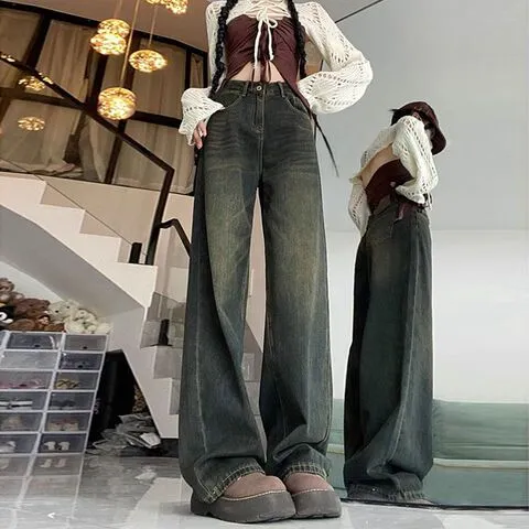 牛仔裤秋季直筒裤显瘦蓝复古宽松大码女阔腿梨形身材垂感新款胖mm