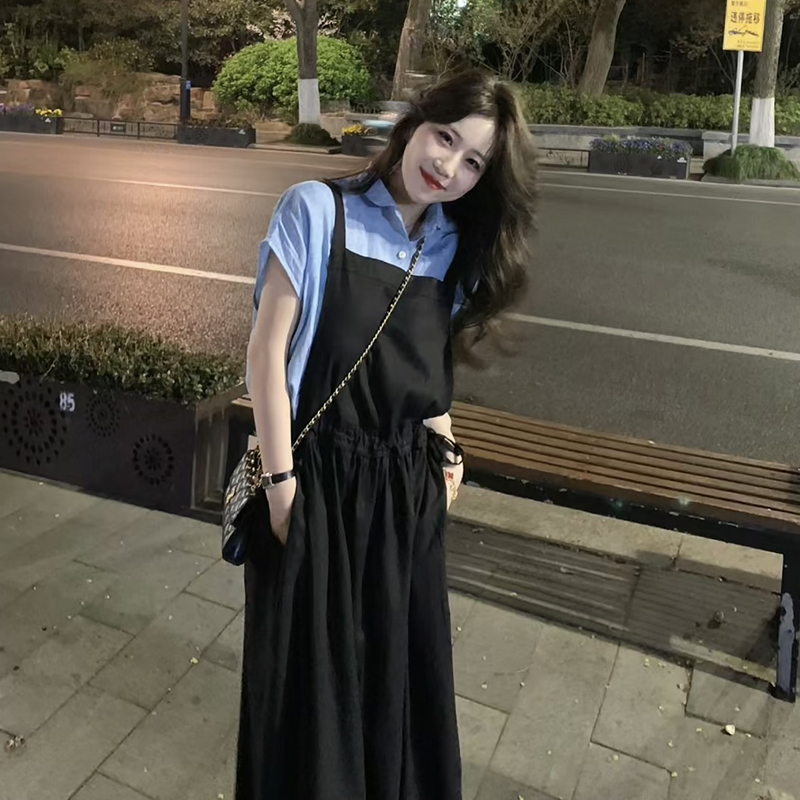 黑色2024新款高端女装夏季法式吊带连衣裙漂亮两件套背心连衣裙