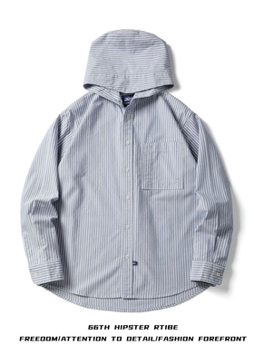 25SS秋季日系复古cityboy紫标条纹长袖连帽衬衫男牛津纺衬衣外套