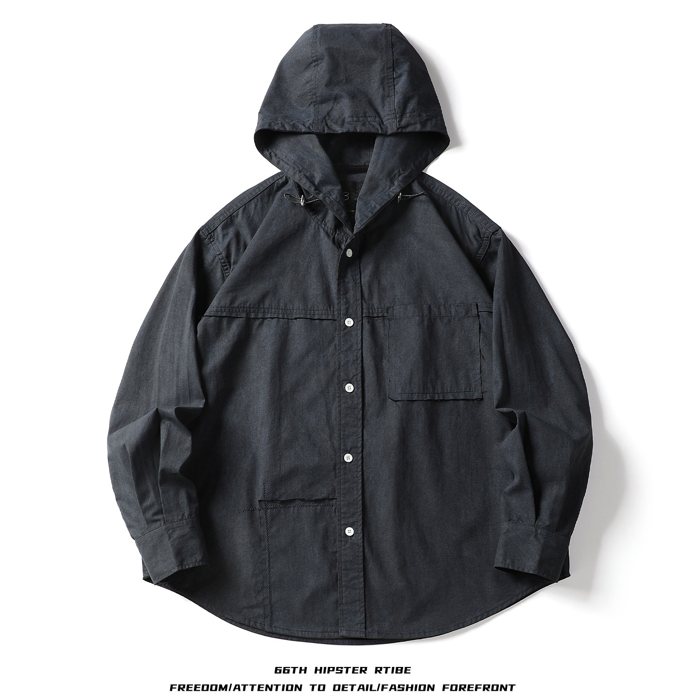 日系青年休闲连帽工装长袖衬衫男女秋季新款宽松百搭休闲衬衣外套