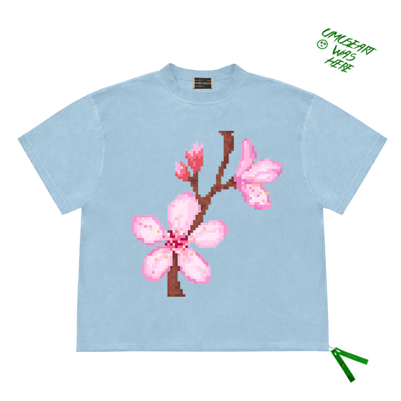 新款复古plum flowers梅花花卉原创像素花图案小众设计感短袖上衣