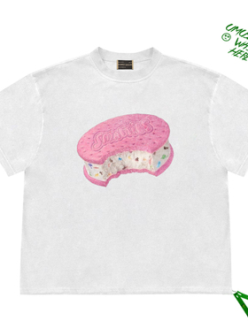 粉色夹心饼干sandwich biscuit趣味插画图案可爱学院风短袖上衣