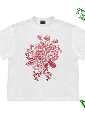 复古Short Sleeve Tee手绘线条画插画花卉flowers 图案短袖上衣