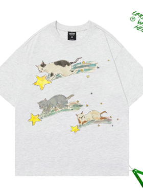 2025夏季心里梦幻可爱插画骑星星的猫卡通印花oversize短袖T恤