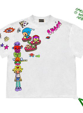 夏季个性独特space卡通圆领短袖T恤复古学院风半袖上衣慵懒风tee