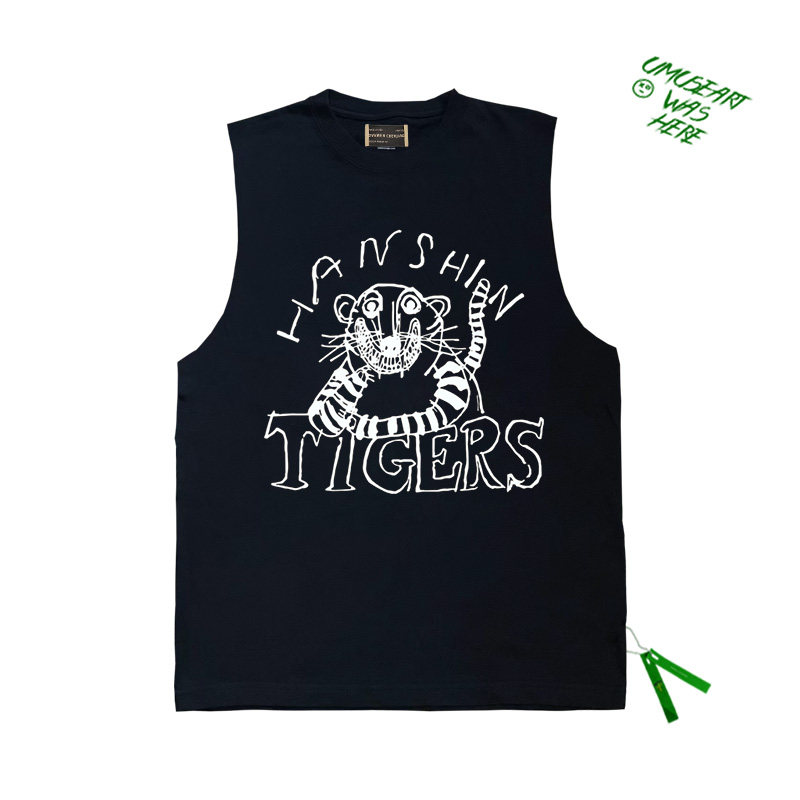 背心 tank top新款tiger老虎手绘插画线条画趣味图案休闲砍袖上衣