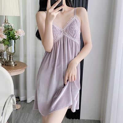 性感睡衣女金丝绒吊带睡裙两件套