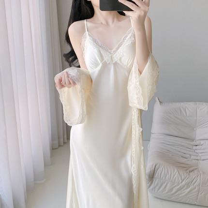 高级感睡衣女款夏季冰丝春秋法式性感吊带睡裙带胸垫蕾丝家居服