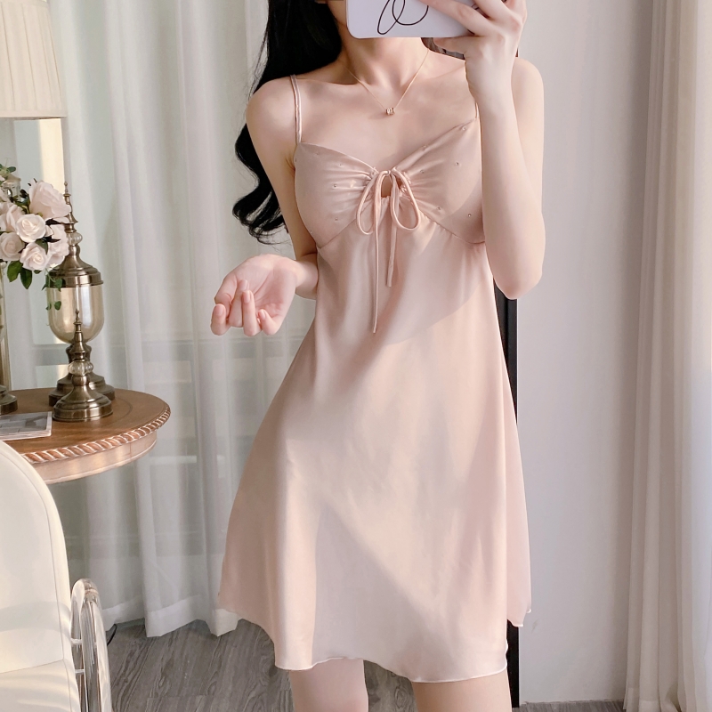 睡衣女夏冰丝吊带睡裙带胸垫纯欲